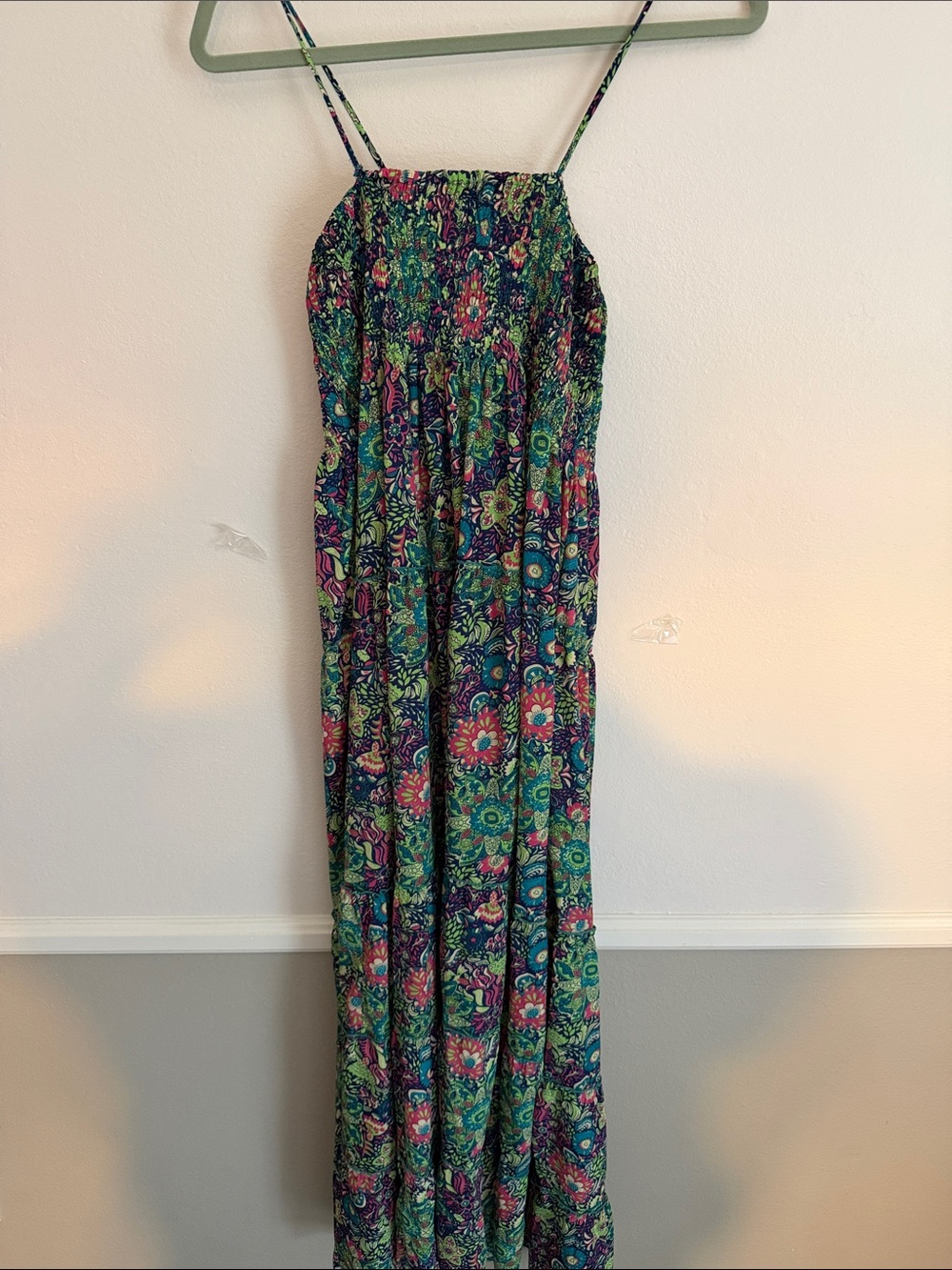 Maxi Sundress with Green Floral Pattern